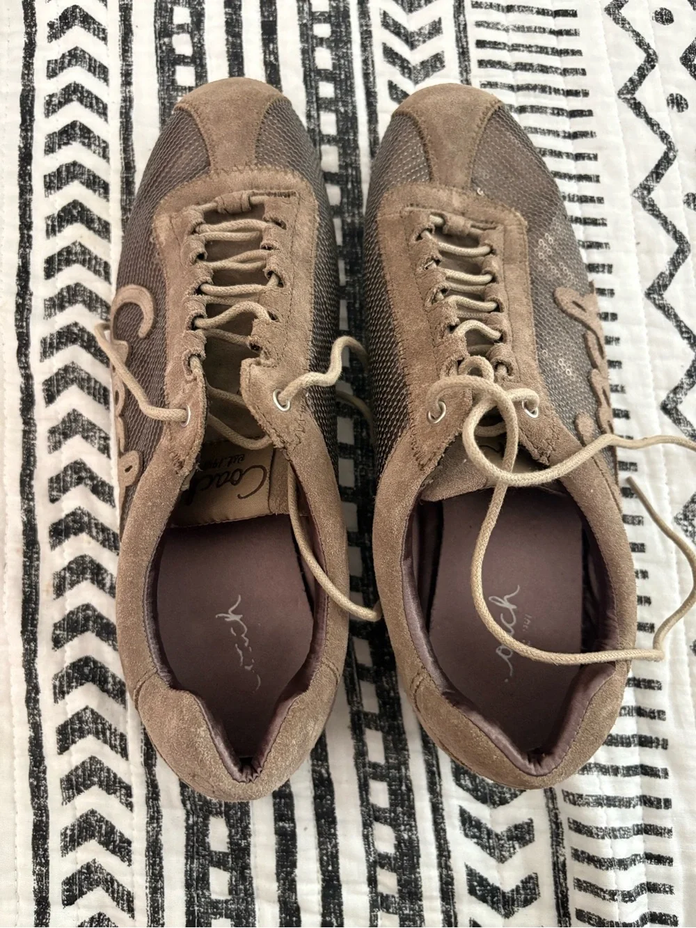 Coach Hope Suede-Sequined Sneakers in an ash brown or taupe colorway